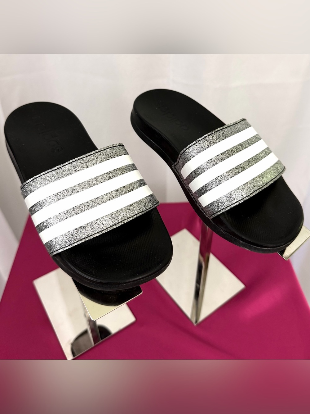 Adidas Kids’ Adilette Black w/ Silver Glitter & White Stripes Comfort Slides 10T